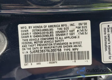 2009 Honda Cr-V Lx z USA, uszkodzony, nr VIN 5J6RE38379L000768